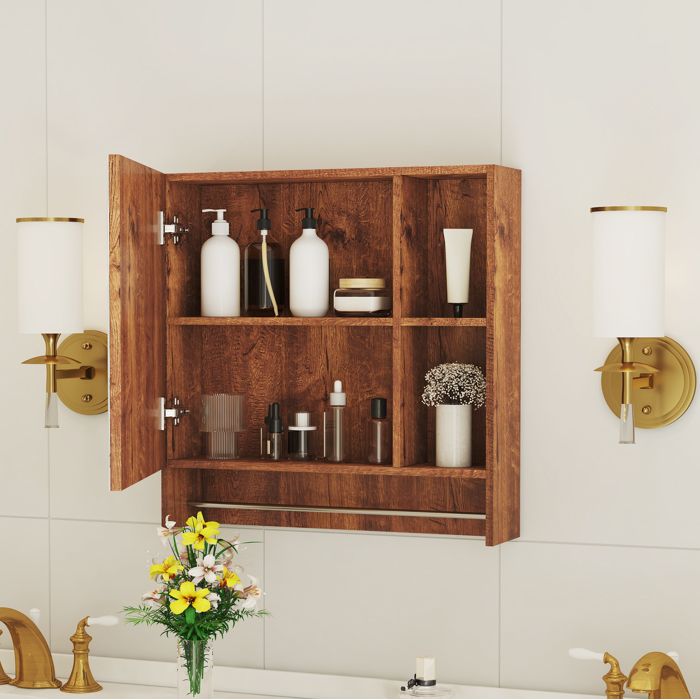 Meuble haut de salle de bain mural avec miroir intégré et étagères ouvertes MDF coloris noyer 69 x 63 x 125 cm TYNQER