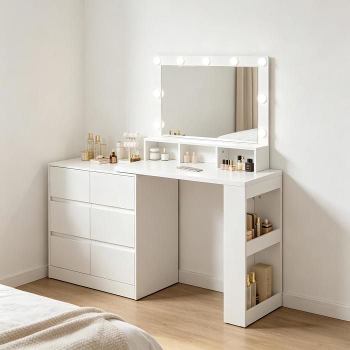 ROVRYN Coiffeuse blanche modulable avec miroir LED USB 6 tiroirs et rangements ouverts