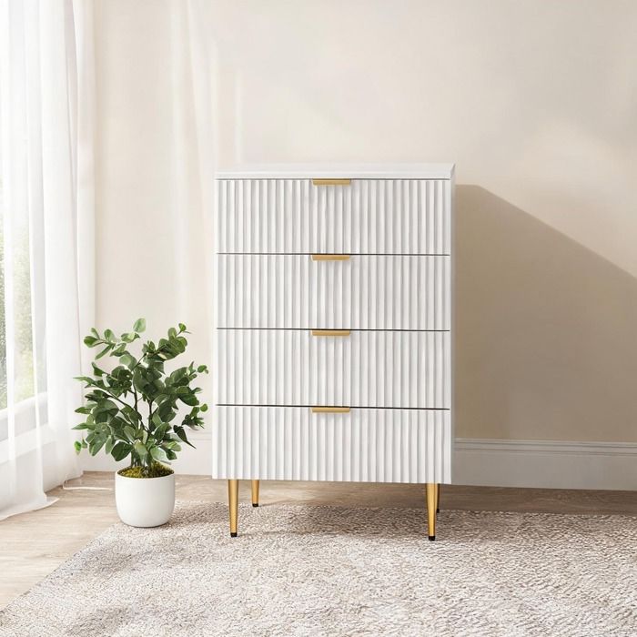 Commode 4 tiroirs design moderne façade cannelée et mânere dorées 60 x 40 x 96 cm