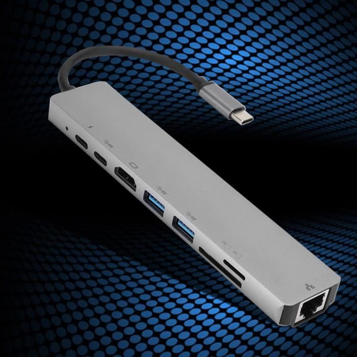 8 en 1 USB-C vers Type-C 3 Station d'accueil Dock Hub USB 3.0 Adaptateur HDMI RJ45 Ethernet TF OTG