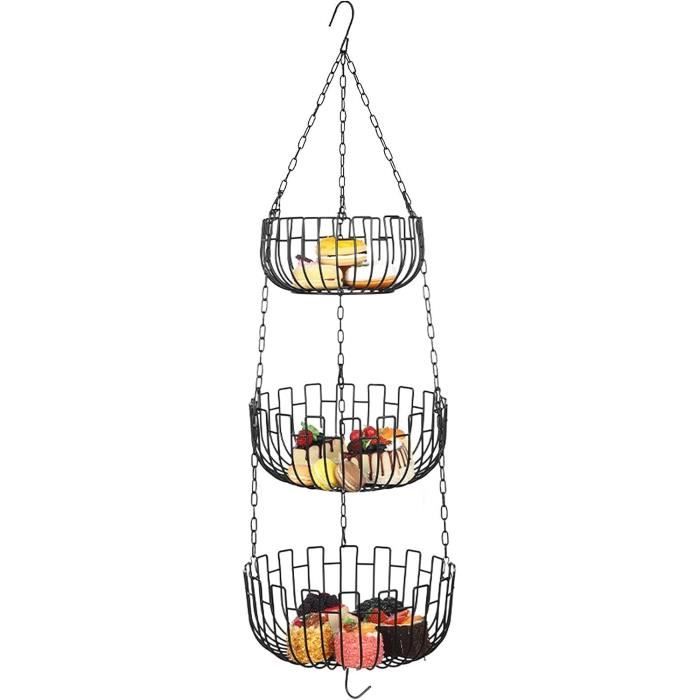 Corbeille à Fruits Suspendue 3 étages - Panier Métal Pliable, étagère Murale Pour Cuisine, Rangement Légumes