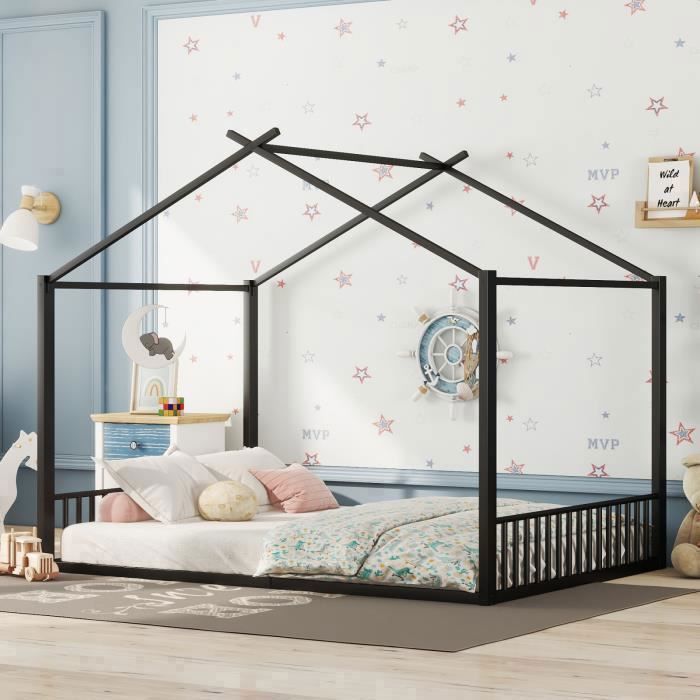 Lit - 140x200 cm - Cadre en Fer - 2 places - Noir - Rebord de Maison