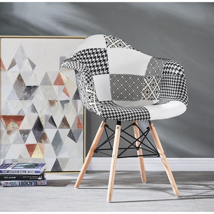 Chaise Scandinave - LIFE INTERIORS - Avec Accoudoirs - Tissu Patchwork Noir & Blanc