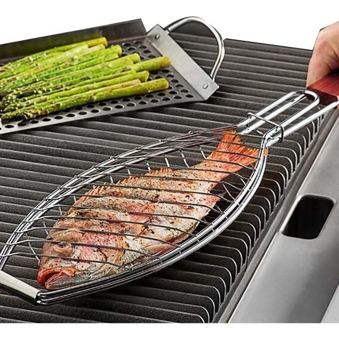 Panier à Griller Pour Barbecue Panier Barbecue Inox - Grille Pliable Pour Poisson Et Viande - Avec Poignée Amovible Panier Grille Inox Pliable