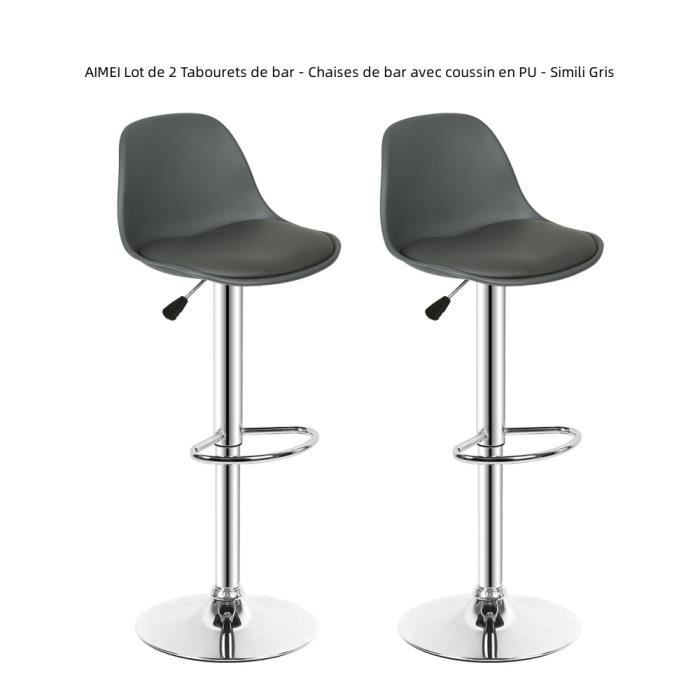 Lot de 2 Tabourets de bar AIMEI - Simili Gris - Rotation 360° - Réglable en hauteur