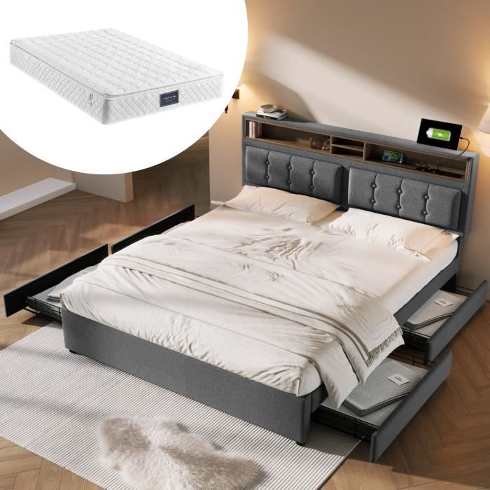 aufun lit double160x200 cm avec chargement usb type c et 4 tiroirs lit double avec sommier à lattes tissu en lin,gris (avec