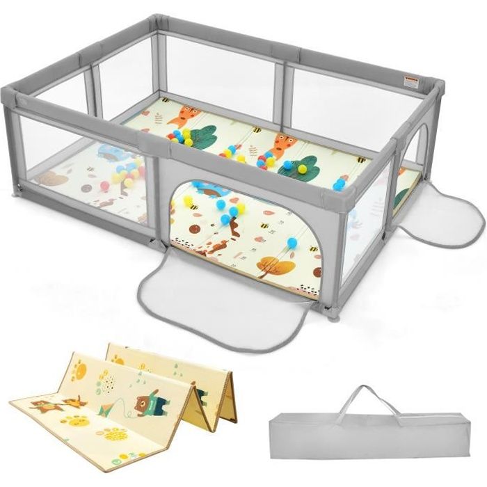 COSTWAY Parc Bébé 205x147x68,5CM avec Tapis de Jeu Pliable en Mousse XPE Porte de Sécurité 50