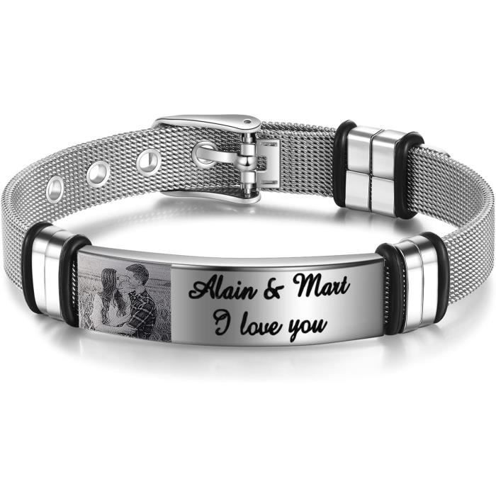 Bracelet Homme Personnalisé Avec Photo Gravée – Prénom, Texte Ou Image, Acier Inoxydable Réglable, Cadeau Idéal Pour Papa, Mari Ou Petit Ami
