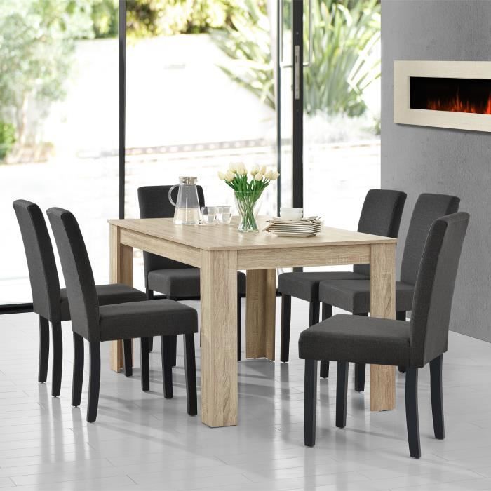 [en.casa] table de salle à manger en chêne cérusé avec 6 chaises en gris foncé - 140x90cm