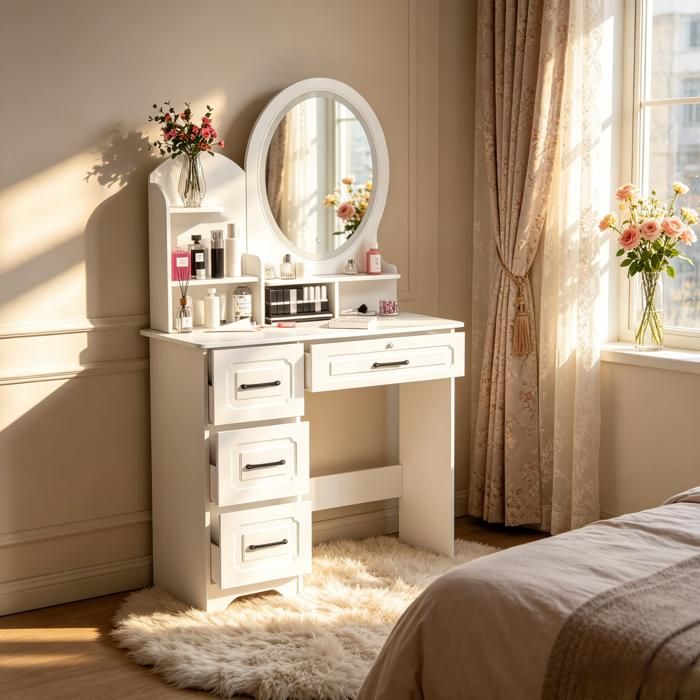 Coiffeuse avec Miroir - FLASIDU - 80x40x137cm - 4 Tiroirs - Design Contemporain - Assemblage Facile
