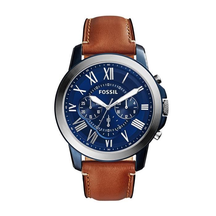 FOSSIL Grant – Montre chronographe homme avec cadran bleu et bracelet vintage en cuir brun - Boîte de rangement et pile incluses