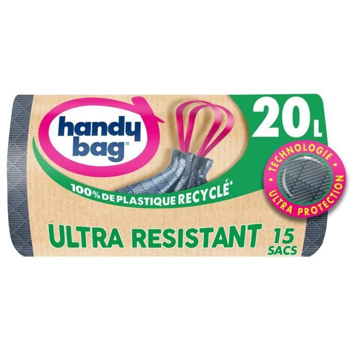 LOT DE 2 - HANDY BAG - Ultra Résistants Sacs poubelle 20 L à poignées coulissantes - rouleau de 15 sacs