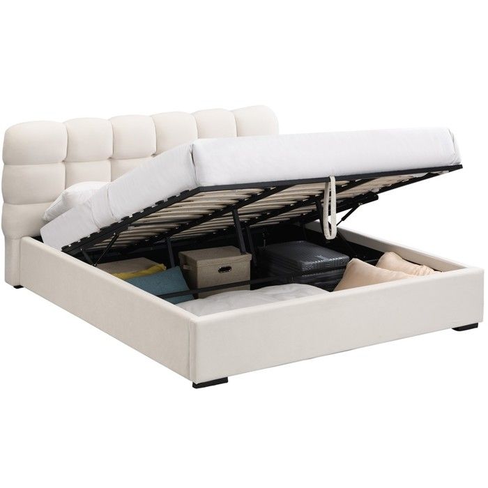 Lit coffre adulte 180x200 cm avec sommier et tête de lit capitonnée en velours beige - Lola Lit coffre adulte 180x200 cm avec sommier et tête de lit capitonnée en velours beige - Lola