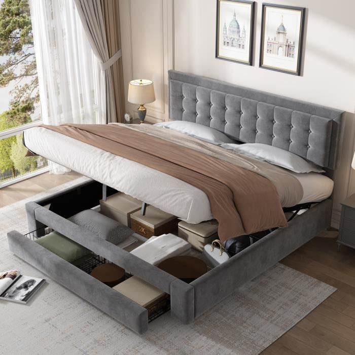 lit rembourré - kana - 180 x 200 cm - avec coffre et tiroirs - tête de lit réglable