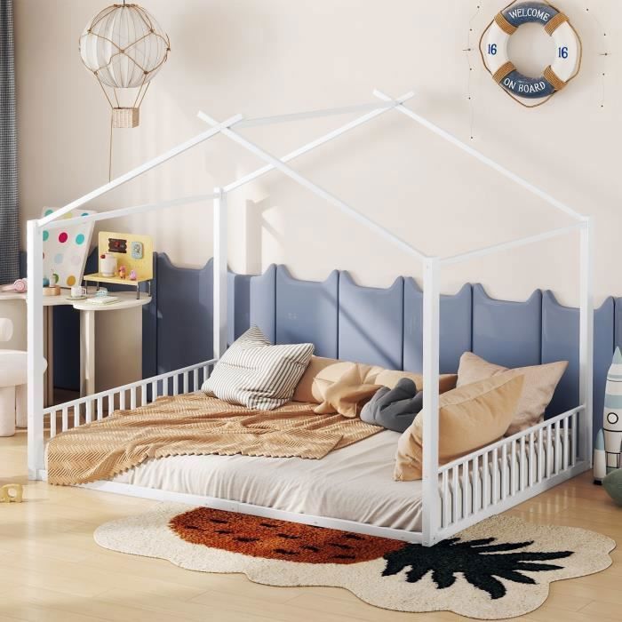 Lit cabane enfant - LEYTN - 140x200 cm - Métal et MDF - Design maison - Sommier inclus