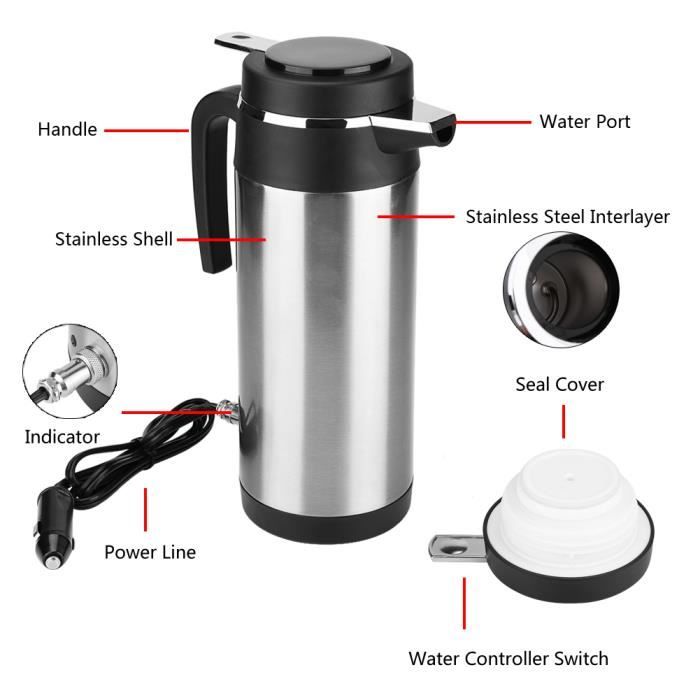 Zerodis Bouilloire de Voiture Universelle en Acier Inoxydable 1000ml 12V 24V Chauffe-Eau Électrique Pot Mug Chauffe-Eau Portable Tasse Bouillante