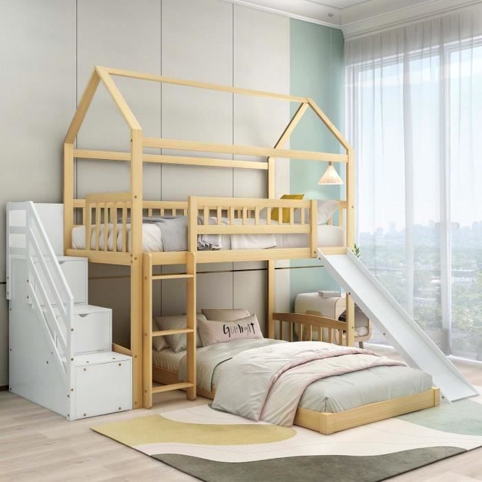 Lit Cabane Superposé 90x200 Cm Pour Enfants - Forme Maison D'arbre Avec Tableau Et Rangements - Pin Massif Et MDF - Sans Matelas