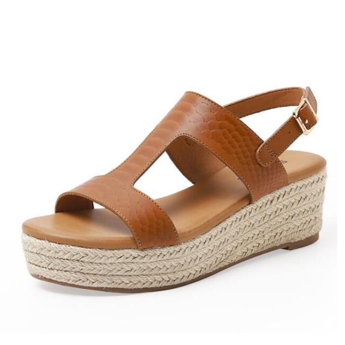 Sandales Compensees Marron pour Femmes Chaussures de Plage Ete