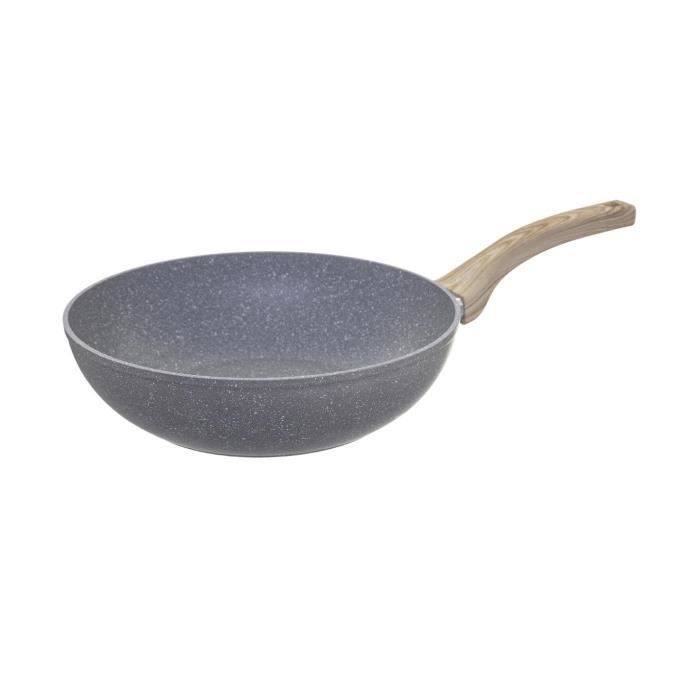 secret de gourmet - wok d 28 cm en aluminium forgé aspect pierre ligne nature tous feux gris