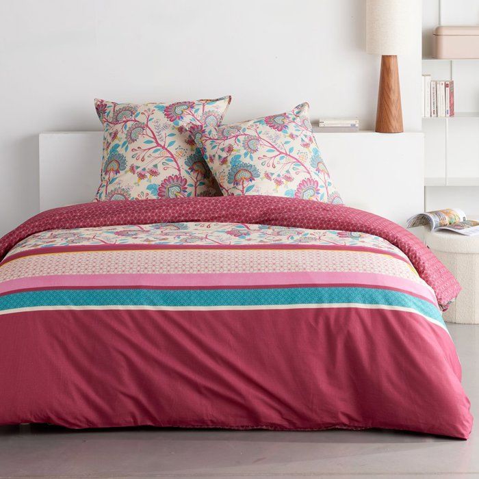 Parure de Lit - 260 x 240 cm - Coton Imprimé Floral Rouge Bordeaux - TODAY SUNSHINE