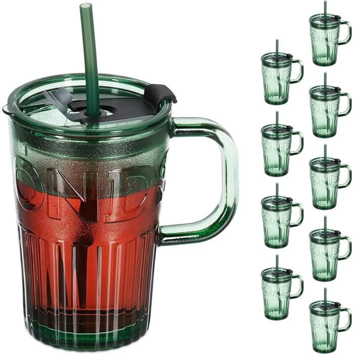 2 Gobelets Verre Vert 400 Ml Avec Couvercle Et Paille - Pour Smoothie, Thé Bulles, Café Glacé