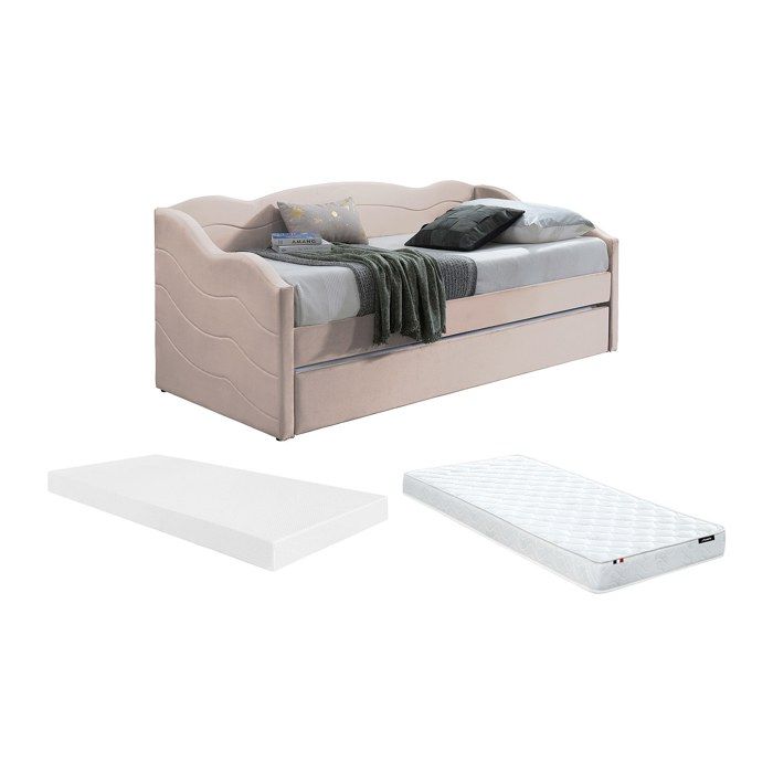 Lit banquette gigogne 2 x 90 x 190 cm - Velours - Rose + Matelas - LENVIA