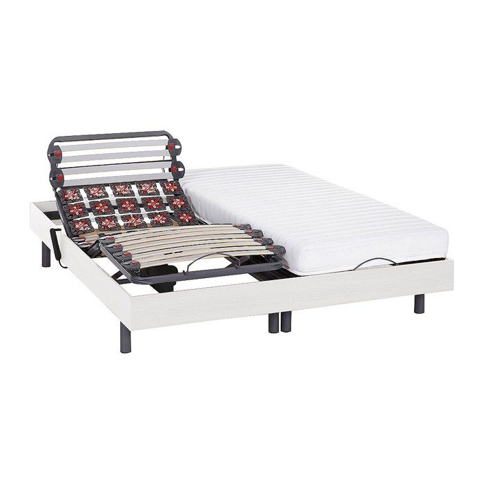 Lit électrique de relaxation lattes et plots + matelas accueil latex - 2 x 80 x 200 cm - Blanc - PANDORA II de YSMÉE