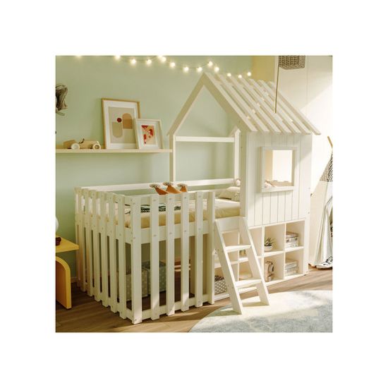 Zubaliya Lit Cabane Enfant 90x200 Cm – Lit Mezzanine 1 Place Avec Bureau, Armoire, Toboggan Et Barrières De Sécurité – Blanc En Pin, MDF Et Contreplaqué