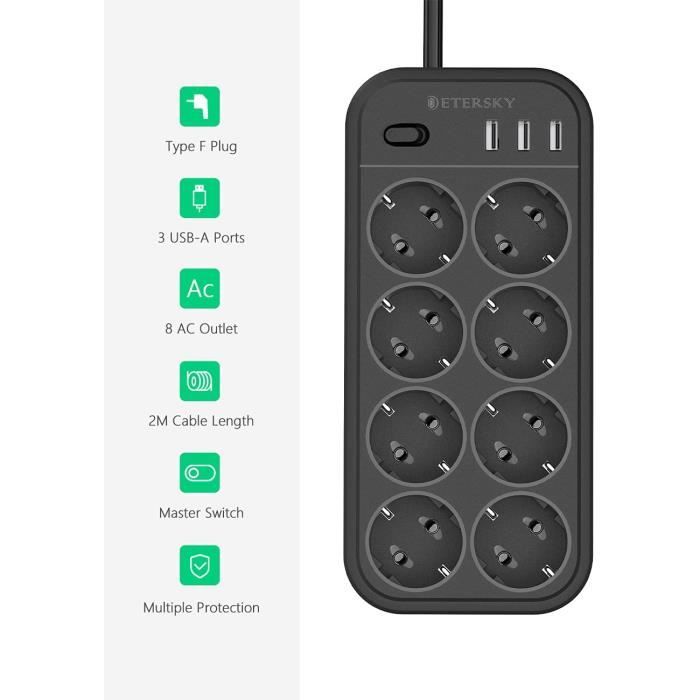 EXTRASTAR Multiprise prise prise avec 5 prises et 2 ports USB, rallonge  avec interrupteur 1,5 m, pour la maison, le bureau et les voyages, 3680 W