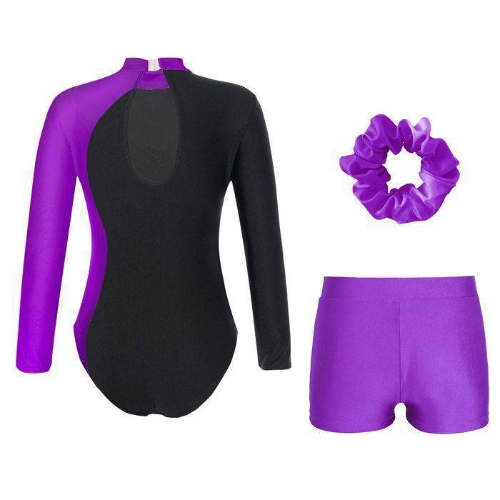 Runhomal 3 Pièces Justaucorps Gymnastique Fille Avec Short Et Chouchou - Tenue Danse Et Gym Élégante 5-16 Ans