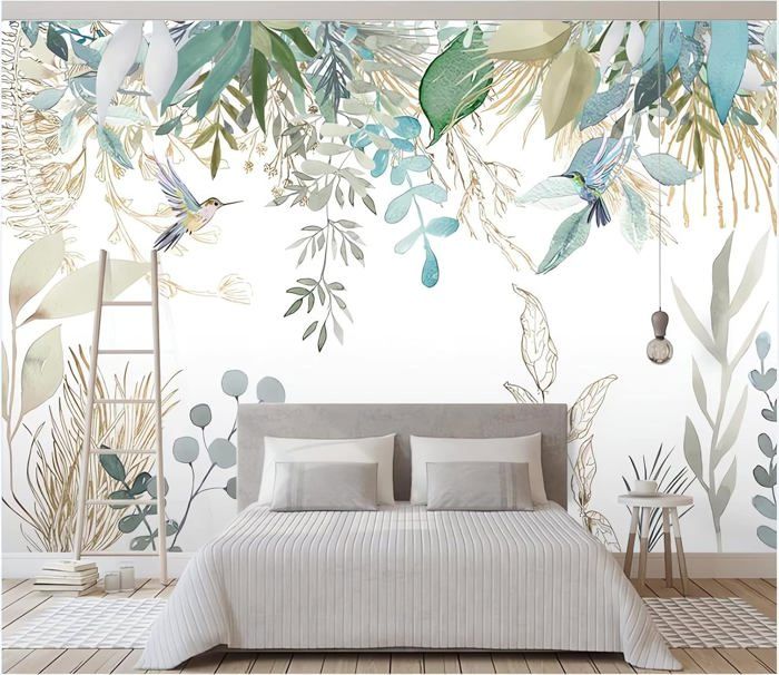 Papier Peint Panoramique 3D Plantes Tropicales Feuilles Fond Fleurs Et ...