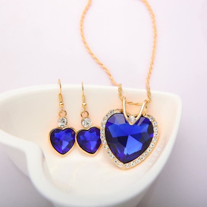 Parure Bijoux Strass Cristal Bleu - Collier, Boucles D’oreilles, Bracelet Et Bague élégante Pour Soirée