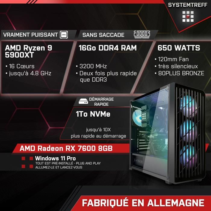 PC Gamer - AMD Ryzen 9 5900XT - AMD Radeon RX 7600 8Go - 16Go RAM - 1To ...