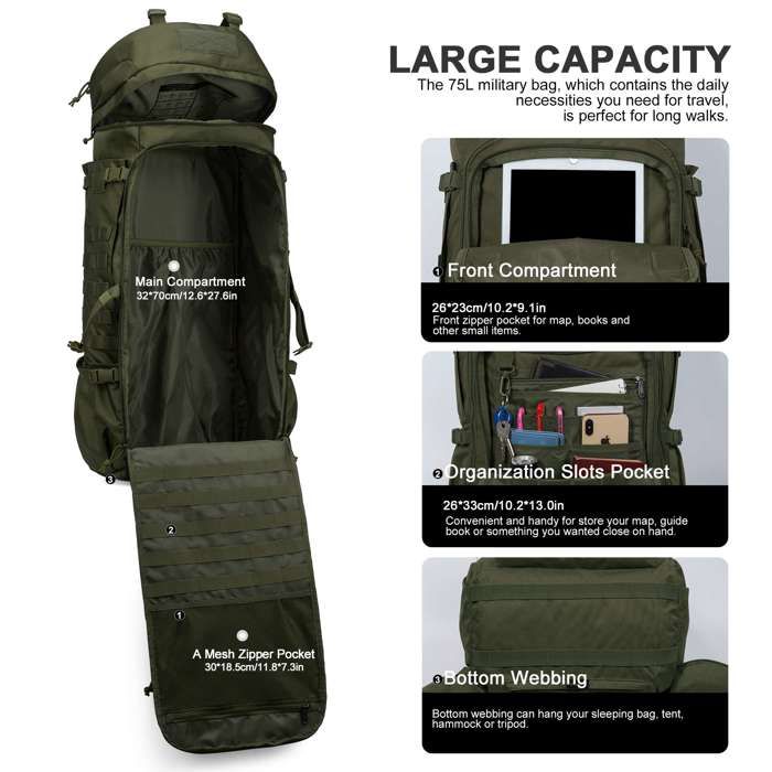 Mardingtop Sac à Dos Tactique 60L Extensible Avec Housse De Pluie – Idéal Pour Randonnée, Trekking, Camping Et Voyages
