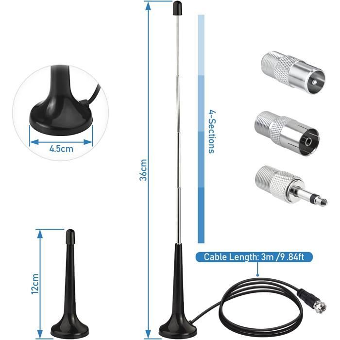 Antenne Radio FM/DAB Télescopique JZK - Base Magnétique, 75 Ohm, Câble 3m, Adaptateurs Inclus - 10