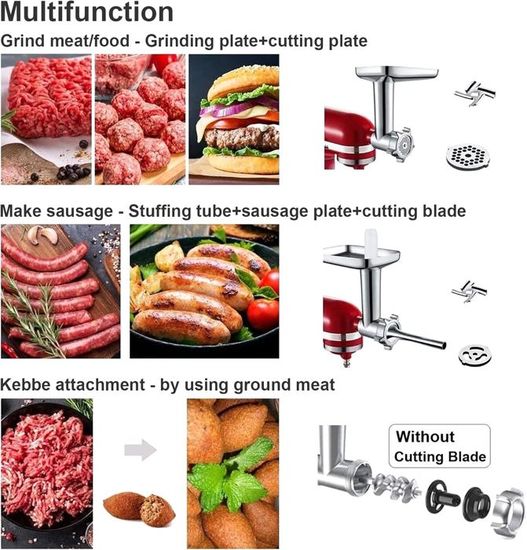 COFUN Accessoire Hachoir à Viande Pour KitchenAid - 4 Disques, 3 Remplisseurs Saucisses, Presse Hamburger