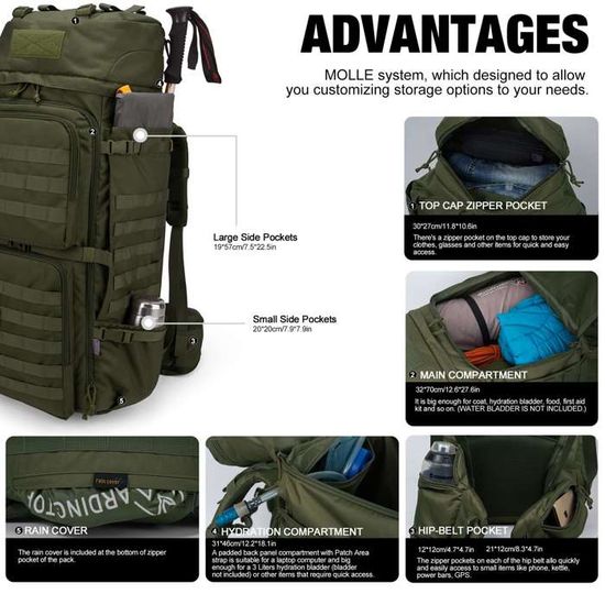 Mardingtop 75L Sac à Dos Sac à Dos Tactique Sac à Dos De Randonnée Sac à Dos De Randonnée Avec L'ensemble De Grande Capacité Et Poche Hydratation