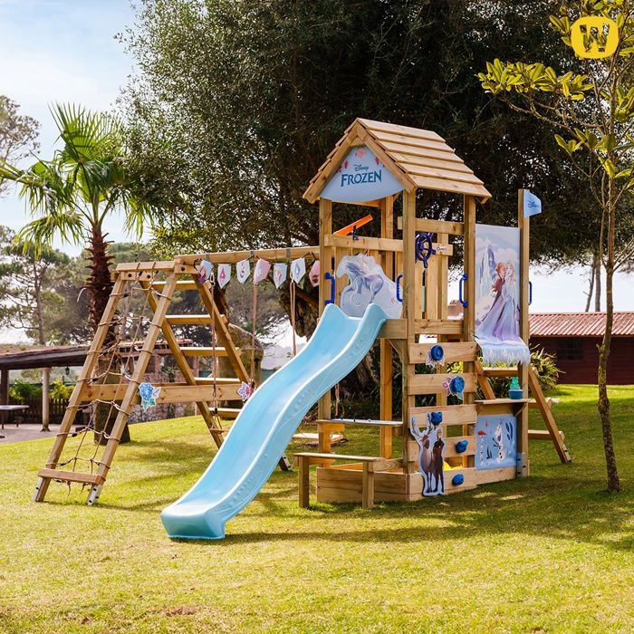WICKEY Tour de jeux DragonFlyer en bois avec toboggan bleu pastel, extension escalade et château pour enfants | Leroy Merlin
