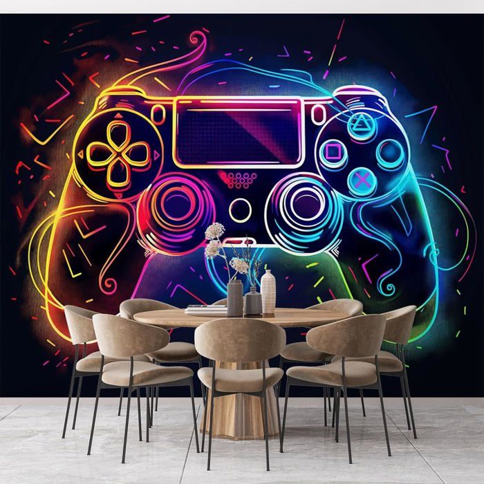 Tenture Murale Gamer UV Blacklight – Motif Gamepad Néon Psychédélique, Brille Dans Le Noir – Pour Chambre, Salle De Jeux, Déco Gaming