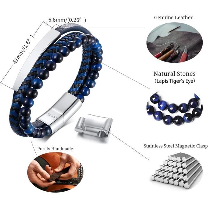 Bracelet Cuir Homme Fermoir Magnétique Acier 19-21 Cm [Argent-Noir