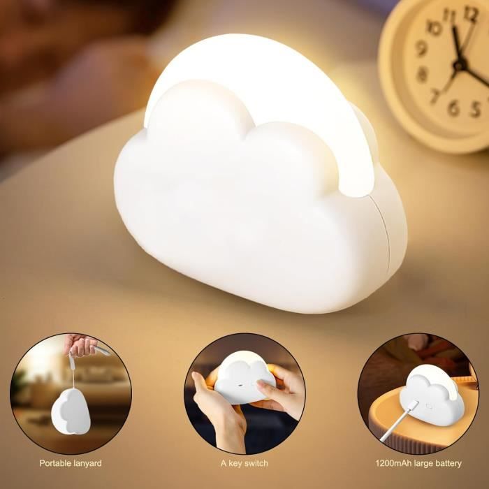 Veilleuse LED Nuage Portable Pour Enfant - Intensité Variable, USB Rechargeable - Parfaite Pour Chambre Bébé, Allaitement Et Nuit Tranquille (Blanc)