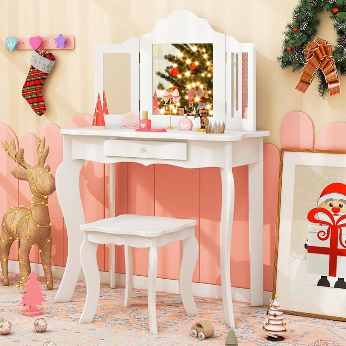 ZONEKIZ Coiffeuse Enfant 3-6 Ans Avec Tabouret Et Miroir - Table Maquillage Rose 50x36,5x89,5 Cm