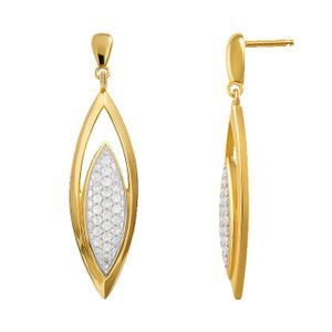 Boucles D'oreilles Pendantes 2 Lames Plaqué Or Jaune Laquées Rouge Zirconiums - Dormeuses - Neuf étiqueté