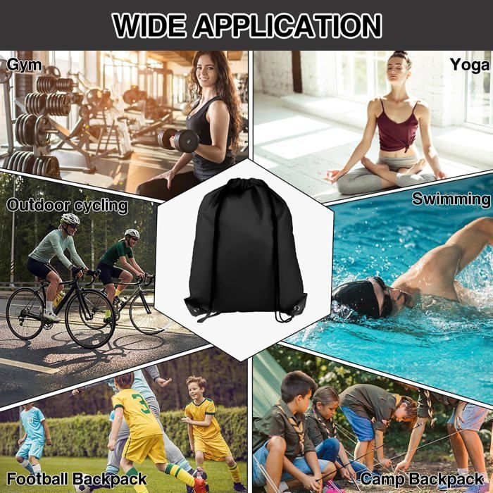 Sac à Dos Cordon De Serrage 43 X 34 Cm – Tissu Oxford Imperméable, Léger, Pliable, Pour Sport, Voyage, Plage, école (Noir)