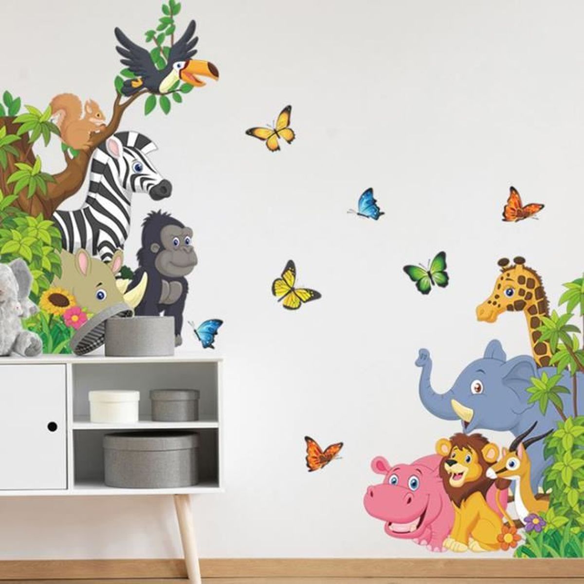 animaux savane zoo R00535 Stickers muraux effet tissu doux décoration murale bébé nouveau-né pépinière chambre maternelle papier peint adhésif 
