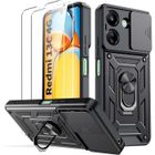 E.F.CONNECTION Coque pour Xiaomi Redmi 13C - Noir - Antichoc - Rigide - 2 Verres Trempés - Bague Rotative 360°