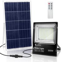 Aigostar - Projecteur solaire LED d’extérieur avec panneau solaire, 300W. Ultra-lumineux, 2000lm, 6500K. Télécommande, IP66, 30000h.