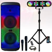 Enceinte USB Bluetooth Autonome sur batterie Mooving ELECTRO-SOUND - 2 Micros Karaoke - Pack Lumière sur Pied 4 Jeux PAR Astro