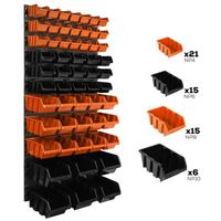 Lot de 57 boîtes XS S et M bacs a bec orange et noir pour système de rangement 58 x 117 cm au garage