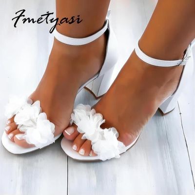 Chaussures de mariage a talons pour femmes ete elegantes a boucle de cheville dames escarpins a bout ouvert Blanc